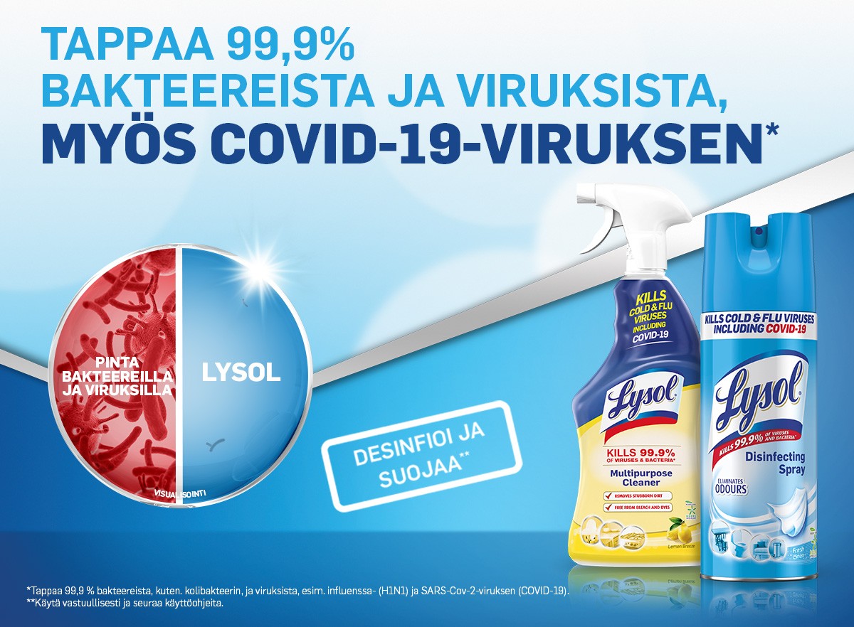 Tappaa 99,9 % bakteereista ja viruksista, myös COVID-19-viruksen